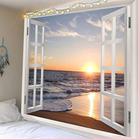 Homiest 3D Ocean Tapestry Wall Hanging Sun Sunset Sea Beach Landscape Tapestry Window Tapestries for Bedroom Living Room Home Decor 51x59 Inches