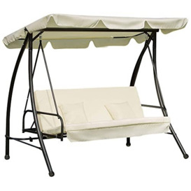 Outsunny 3 Seater Swing Chair 2-in-1 Hammock Bed Patio Garden Swing Seat Bed with Adjustable Canopy and Cushions, Cream