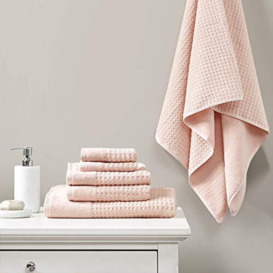 Madison Park Spa Waffle 100% Cotton Luxurious Towel Set, Premium Texture Waffle Weave, Highly Absorbent, Quick Dry, Hotel & Spa Quality Wash Clothes for Bathroom, Assorted Sizes, Pink 6 Piece