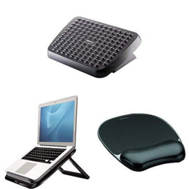 Fellowes Workspace Ergonomic Pack with Standard Foot Rest, I-spire Laptop Riser and Crystal Gel Black Mouse pad