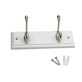 keypak 2-Hook Door Wall Mounted Coat Rack, 22.5cm - White Wooden Board, Satin Nickel Coat Hooks - Fixings Included