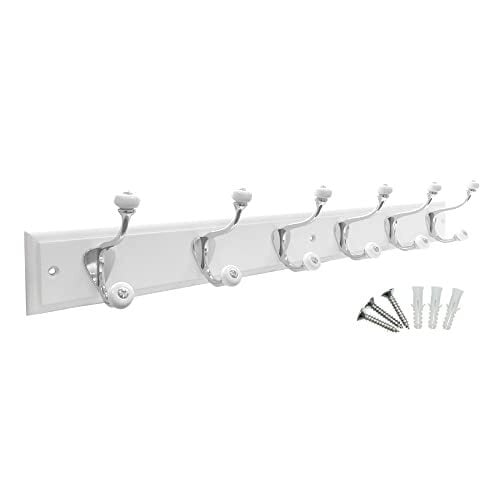 keypak 6-Hook Wall-Mounted Coat Rack, 68cm - White Board, Ceramic Tip Coat Hooks - Fixings Included