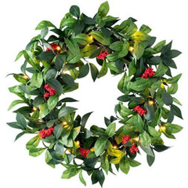 WeRChristmas Pre Lit Leaf & Berry Christmas Wreath with 20 Chasing Warm LED Lights, Multi-Colour, 2 feet/60cm