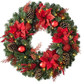 WeRChristmas Luxury Pre-Lit Decorated Wreath with 50 LED Lights & Timer Function, Multi-Colour, 2.5 feet/75cm