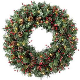 WeRChristmas Luxury Pre-Lit Pine & Berry Wreath with 50 LED Lights & Timer Function, Multi-Colour, 2.5 feet/75cm