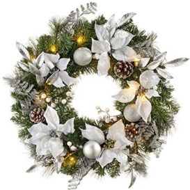 WeRChristmas Pre-Lit Decorated Christmas Wreath with 20 Chasing Warm LED Lights, Multi-Colour, 2 feet/60cm