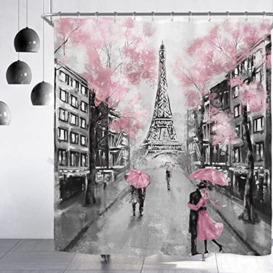 Riyidecor Oil Painting Paris Shower Curtain Set European City Landscape France Eiffel Tower Modern Couple Black Pink Fabric Waterproof Bathroom Home Decor 72x72 Inch 12 Plastic Shower Hooks