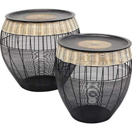 Kare Design Side Table African Drums, Black/Brown, Ethnic look, Steel, Aluminium removable tabletop, Rattan, Ø40cm, Ø46cm, Set of 2, round side table living room, bedroom, hallway