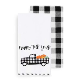 "Elrene Home Fashions Happy Fall Y'all and Check Farm Truck Set, Cotton, Black/White, 18"" x 28"" (Kitchen Towels)"