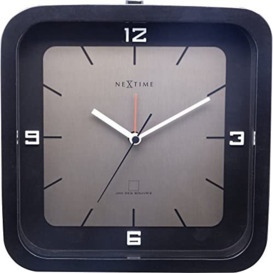 NeXtime Table Clock-20 x 20 x 6 cm-Wood-Black-'Square Alarm', Metal and plastic, 14 x 14 cm