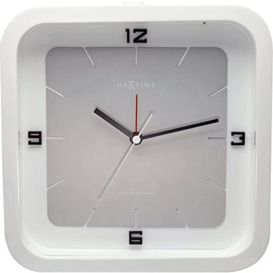 NeXtime Table Clock-20 x 20 x 6 cm-Wood-White-'Square Alarm', Metal and plastic, 14 x 14 cm