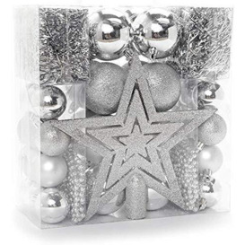 HEITMANN DECO Christmas Tree Decoration, Silver, 45 Pieces, set including tree topper, balls, pearl chains and garlands - plastic