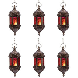 6 Pcs Hanging Hexagon Decorative Moroccan Candle Lantern Holders, Handmade Hanging Tea Light Holder in Bronze Metal & Red & Purple Glass Gift & Decor Items