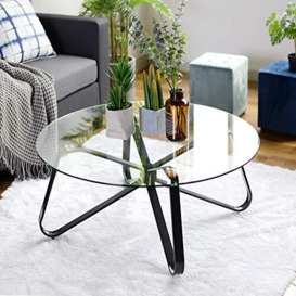 FITATHOME Round Tempered Glass Coffee, Nordic Minimalist Sofa, Modern Side, End Table with Iron Black Base for Home, Living Room, Patio, Garden(80cm80cm40cm), 80CMX80CMX40CM