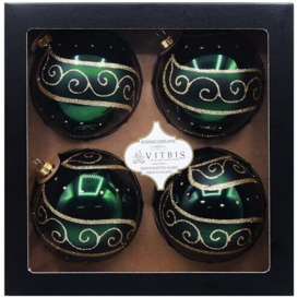 VITBIS Glass Baubles for Christmas Tree Decorations Set of 4 Unique Baubles Round Shapes Diameter 10 cm in Shiny Green Hand Decorated Hand-Painted Unique Christmas Decoration