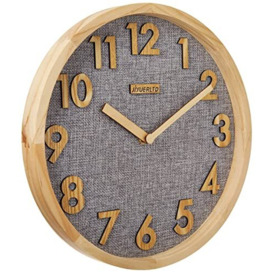 JIYUERLTD 12 inches Wall Clock Kitchen Clock Silent Non-Ticking Quartz 3D Wood Numbers Display, Wood Frame with Linen Face Clock for Home Office Classroom School. (Natural wood-Gray Iinen)