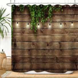 ZXMBF Rustic Wooden Board Shower Curtain Green Leaves on Vintage Wood Country Life Theme Grunge Planks Barn House Door Waterproof Fabric Bathroom Decor 72x72 Inch Plastic Hooks 12PCS Wood Board