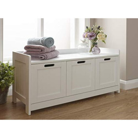 GFW Colonial 3 Door White Storage Bench With Hidden Storage Cupboards For Bathroom. Tongue & Groove Storage Cabinet Unit For Linen, Towel, Toiletries Storage, White, ‎35 x 90 x 45 cm