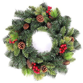 Shatchi Artificial 55cm Pre Lit Christmas Tree Wreath Garland Pre Decorated with Berries and Pine Cones Two Colours Mixed Tips Door Wall Hanging Decorations Xmas Home LED Light Up Décor