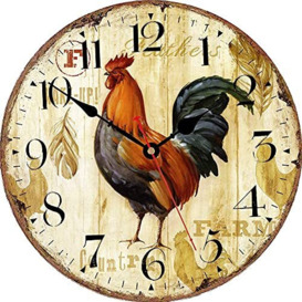 VIKMARI Kitchen Wall Clock 8 Inch Rustic Rooster Silent Non Ticking Wall Clock Quartz Battery Operated Round Wall Clock Easy to Read Wooden Wall Clocks for Living Room,Bedroom,Kids Room and Coffee Bar