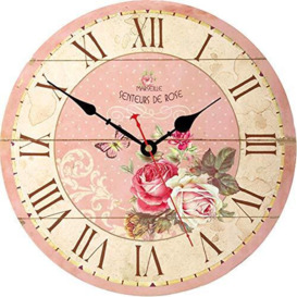 VIKMARI Home 14 Inch Battery Operated Silent Non-Ticking Vintage Wall Clock Design Wooden Round Roman Numerals Indoor Clocks Rose Pink Style Wall Clocks