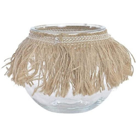 Item Clear Glass Vase Candle Holder Size 13 x 12 cm Covered with Beige Boho Style Fringe Ornament. Jugs, Multi-Colour, Not Apply