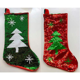 Shatchi Large 45cm Long Novelty 2 in 1 Sequin Christmas Santa Stocking Sack Sock Xmas Gifts Bag Accessory Toys Sweets Decorations, Green/Red