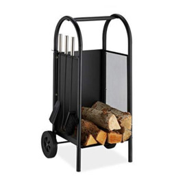 Relaxdays Firewood Cart with Companion, Steel Holder, 3-Piece Tool Set, Shovel, Broom & Poker, Black, plastic, rubber, 81 x 42 x 37 cm ,10028779
