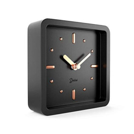 Driini Modern Mid Century Desk & Shelf Clock (Black Rose Gold) - Small Battery Operated and Silent Analog Tabletop Clocks for Living Room Decor – Ideal for Mantle, Office Table, Desktop or Nightstand