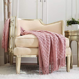 CREVENT Textured Solid Soft Sofa Couch Knitted Decorative Throw Blanket with Fringe for Girls, Soft Warm Cozy Light Weight for Spring Summer (127cmX152cm Dusty Pink/Coral)