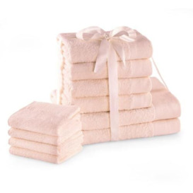 AmeliaHome Set 10pcs 4 Guest Towels 30x50 cm, 4 Towels 50x100 cm and 2 Bath Towels 70x140 cm 100% Cotton Absorbent Powder Pink Amari
