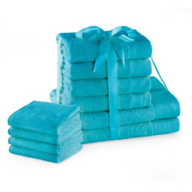 AmeliaHome Set 10pcs 4 Guest Towels 30x50 cm, 4 Towels 50x100 cm and 2 Bath Towels 70x140 cm 100% Cotton Absorbent Turquoise Amari