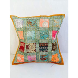 "Bazzaree Indian Patchwork Sari Ethnic Vintage Cushion Cover Covers 16"" x 16"" or 40 cm x 40 cm Tapestry (Mustard)"