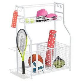 mDesign Sports Equipment Storage Rack — Garage Storage Unit for Rackets, Bats, Balls, Hats and Other Sports Gear — Sports Storage Rack with Shelves, Hooks and Baskets — White