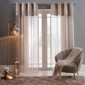 "Sienna Crushed Velvet Voile Two-Panel Net Eyelet Ring Top Curtains, Natural Cream Champagne - 55""x 87"" Drop"