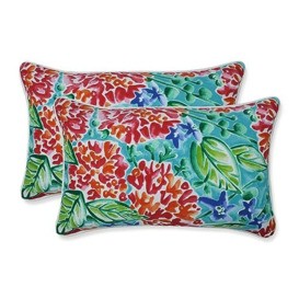 "Pillow Perfect Bright Floral Outdoor Throw Accent Pillow, Plush Fill, Weather, and Fade Resistant, Small Lumbar - 11.5"" x 18.5"", Pink/Blue Garden Blooms, 2 Count"