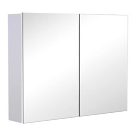 HOMCOM Double Door Wall Mounted Glass Mirror Cabinet Bathroom 3 Tier Shelf Organiser Waterproof Modern Storage Unit Wooden Frame 80Wx15Dx60H(cm)