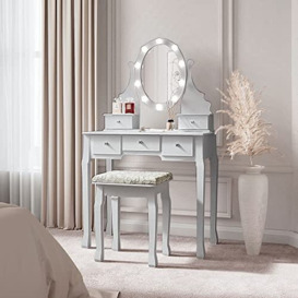 CARME Ruby Rozanna Dressing Table with Hollywood Mirror LED Lights and Cushioned Stool Set 5 Storage Drawers Jewellery Makeup Organiser Cosmetic Vanity Dresser Vintage Style Bedroom Furniture (Grey)