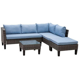Outsunny 4 Pcs Rattan Garden Furniture Corner Sofa Set w/ 2 Seats Footstool Square Glass Top Coffee Table Thick Blue Cushions Solid Legs Patio Outdoor Balcony - Grey