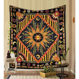 "THE ART BOX Burning Sun Tie Dye Tapestry, Celestial Sun Moon Star Planet Bohemian Poster Trippy Tablecloth Psychedelic Bedspread Wall Hanging Boho Hippie Beach Coverlet Curtain (Yellow 84""X90"")"