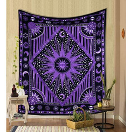 THE ART BOX Purple Burning Sun Moon Hippie Mandala Wall Hanging Psychedelic Tapestry - 140x210 cm Aesthetic Boho Home Décor Celestial Tarot Zodiac Tapestries for Bedroom