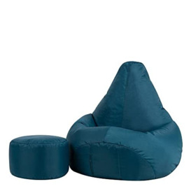 Bean Bag Bazaar High Back Chair and Footstool Combo - 65cm x 87cm - Indoor Outdoor Water Resistant BeanBag (Teal Green)