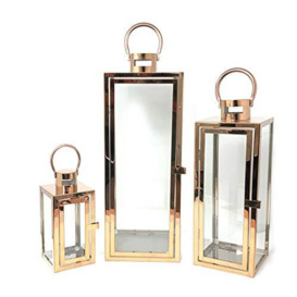 allgala 3-PC Set Jumbo Luxury Modern Indoor/Outdoor Hurricane Candle Lantern Set with Chrome Plated Structure and Tempered Glass-Cuboid Rose Gold-HD88014