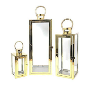 Allgala 3-PC Set Jumbo Luxury Modern Indoor/Outdoor Hurricane Candle Lantern Set with Chrome Plated Structure and Tempered Glass-Cuboid Gold-HD88011