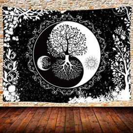 UHOMETAP Sun and Moon Tapestry,Mandala Black and White Wall Hanging Yin Yang Tree of Life Tapestry,80X60 Inches Bedroom Dorm Home Decor GTQQUH666