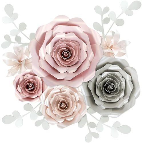 Rainbows & Lilies Paper Flowers Decorations for Wall, Wedding, Bridal Shower, Baby Girl Nursery Decor, Kids Room, Flower Backdrop, Party - 10-Pc Wall Flowers Wall Decor (Pink, Gray, Off-White)