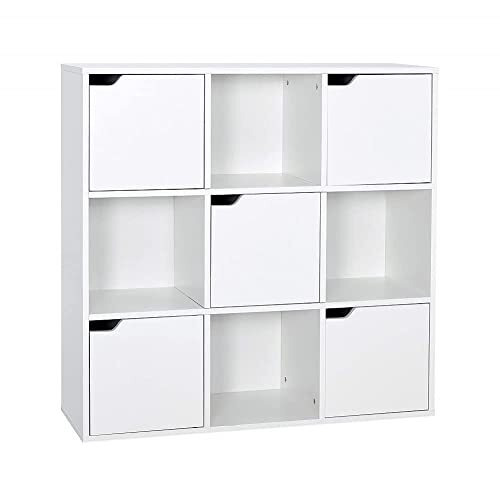 Meerveil Bookcase White, 9 Cube Storage Unit, 3-Tier Bookshelf with 5 Doors, Wooden Shelf Organiser Display Cabinet for Living Room, Bedroom, Home Office, 90 x 30 x 90 cm