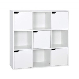 Meerveil Bookcase White, 9 Cube Storage Unit, 3-Tier Bookshelf with 5 Doors, Wooden Shelf Organiser Display Cabinet for Living Room, Bedroom, Home Office, 90 x 30 x 90 cm