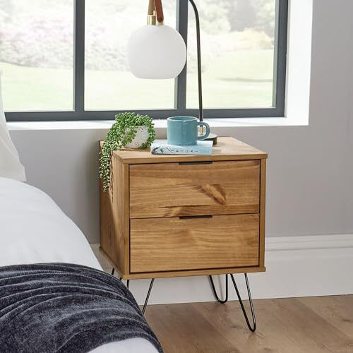 Home Source Acadia Bedside Cabinet Nightstand Industrial Wooden End Side Table Storage, Pine, 2 Drawer