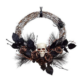 HEITMANN DECO Halloween Rattan Wreath - Stylish Party Decoration with Skull, Spiders and Roses - Perfect for Front Door and Garden - Gold, Brown, Black, 35 x 35 x 7 cm